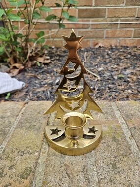 Solid Brass Christmas Tree Candle Holder With Moon And Star Cutouts